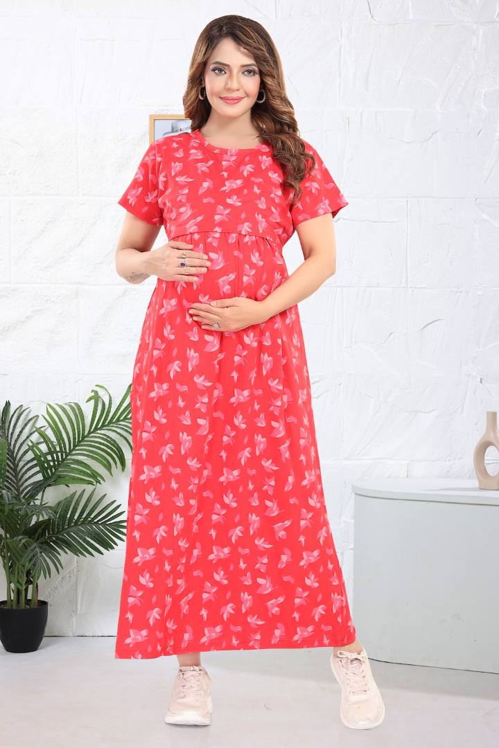 Scarlet Red Printed Feeding Nightie