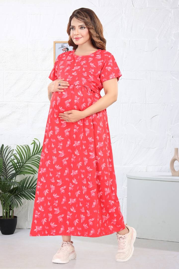 Scarlet Red Printed Feeding Nightie