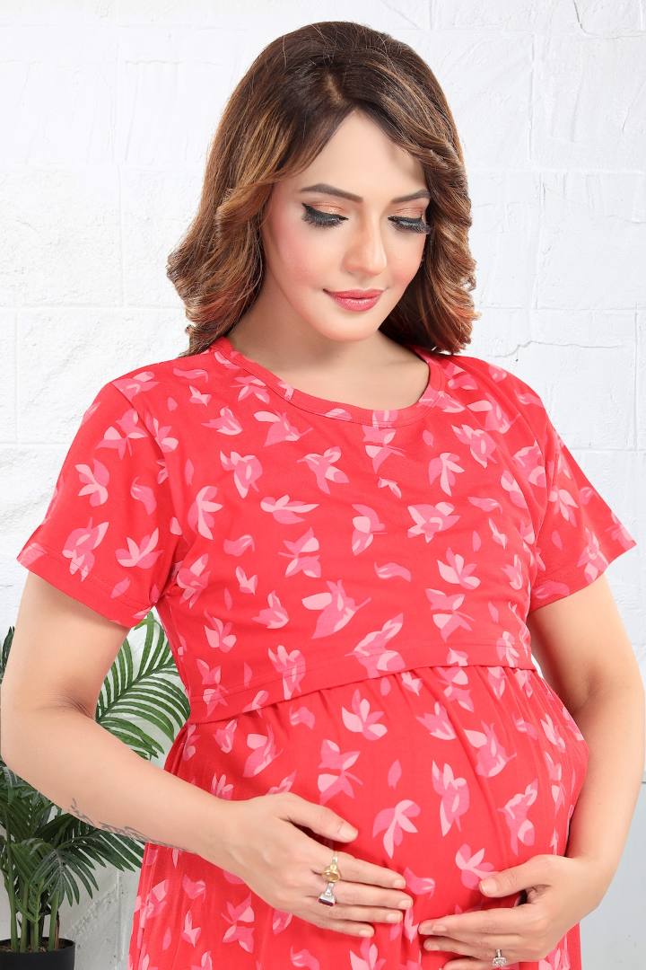 Scarlet Red Printed Feeding Nightie