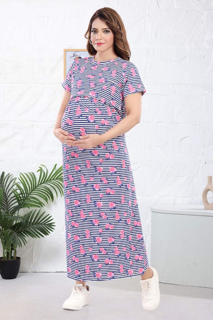 Rose Printed Zipless Feeding Nightie