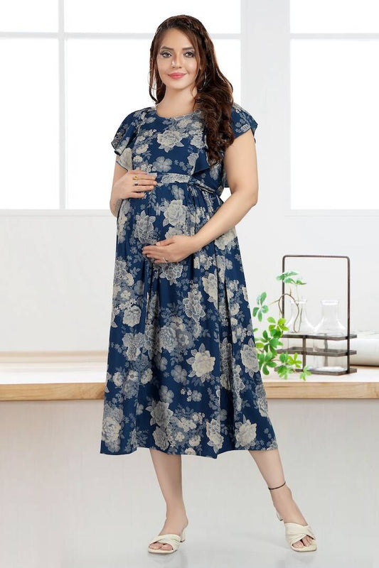 Sea Blue Printed Nursing Dress