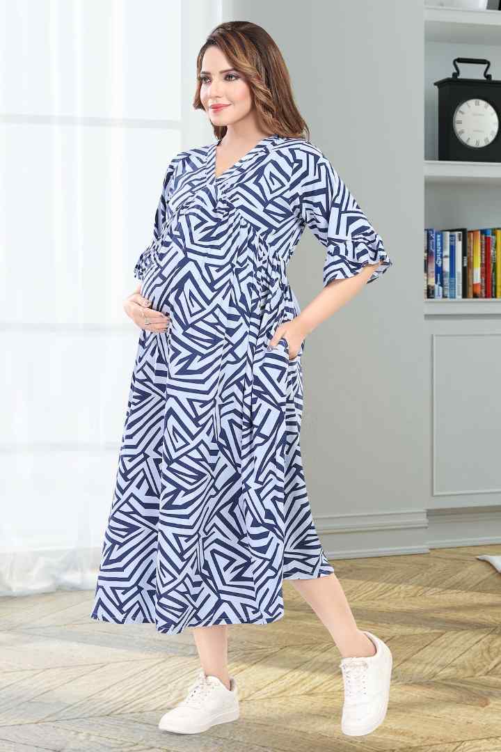 English Blue Geometric Printed Maternity Dress