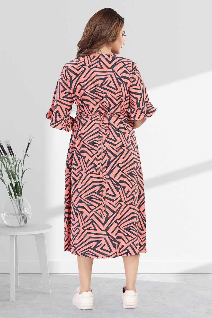 Salmon Pink Geometric Printed Maternity Dress
