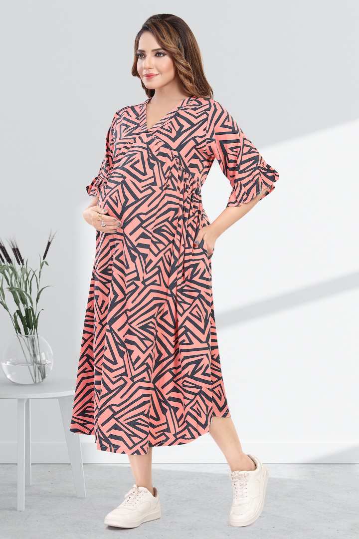 Salmon Pink Geometric Printed Maternity Dress