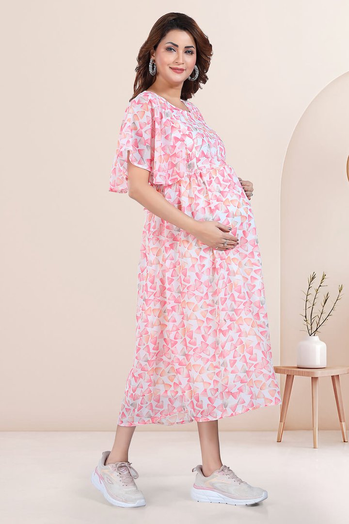 Pink Geometric Dress for Maternity & Feeding