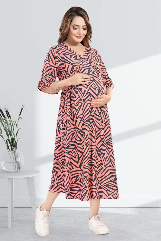 Salmon Pink Geometric Printed Maternity Dress