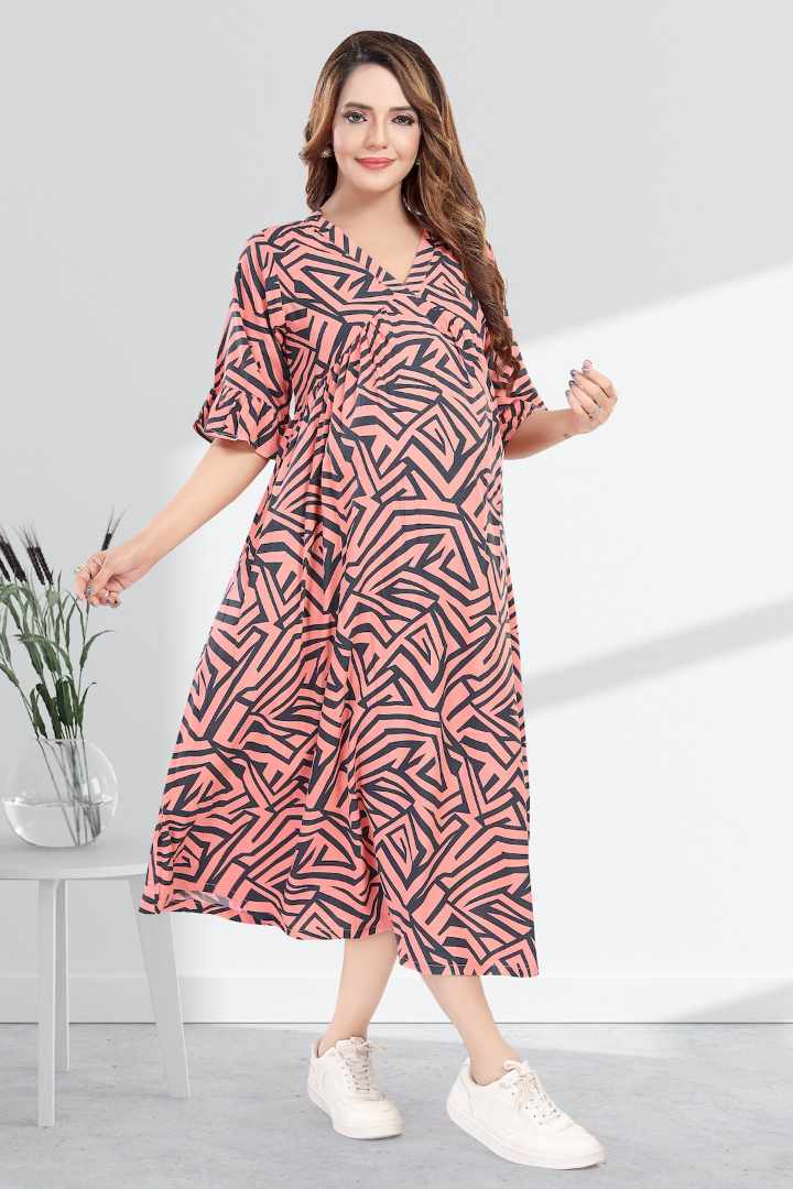 Salmon Pink Geometric Printed Maternity Dress