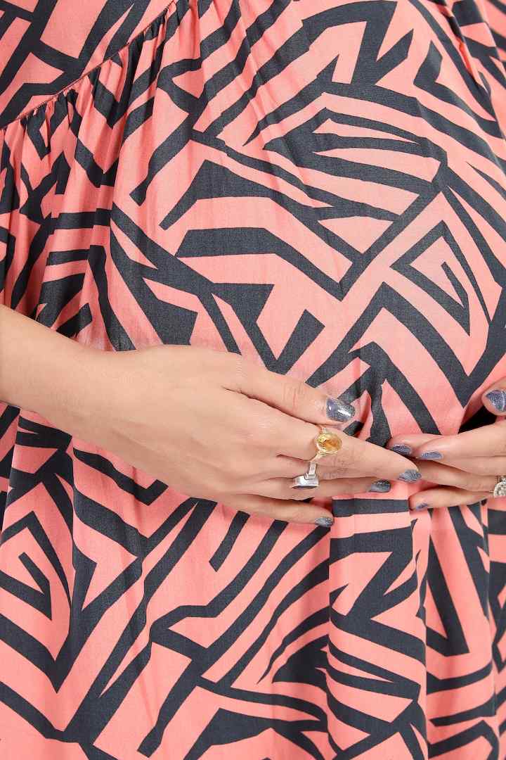 Salmon Pink Geometric Printed Maternity Dress