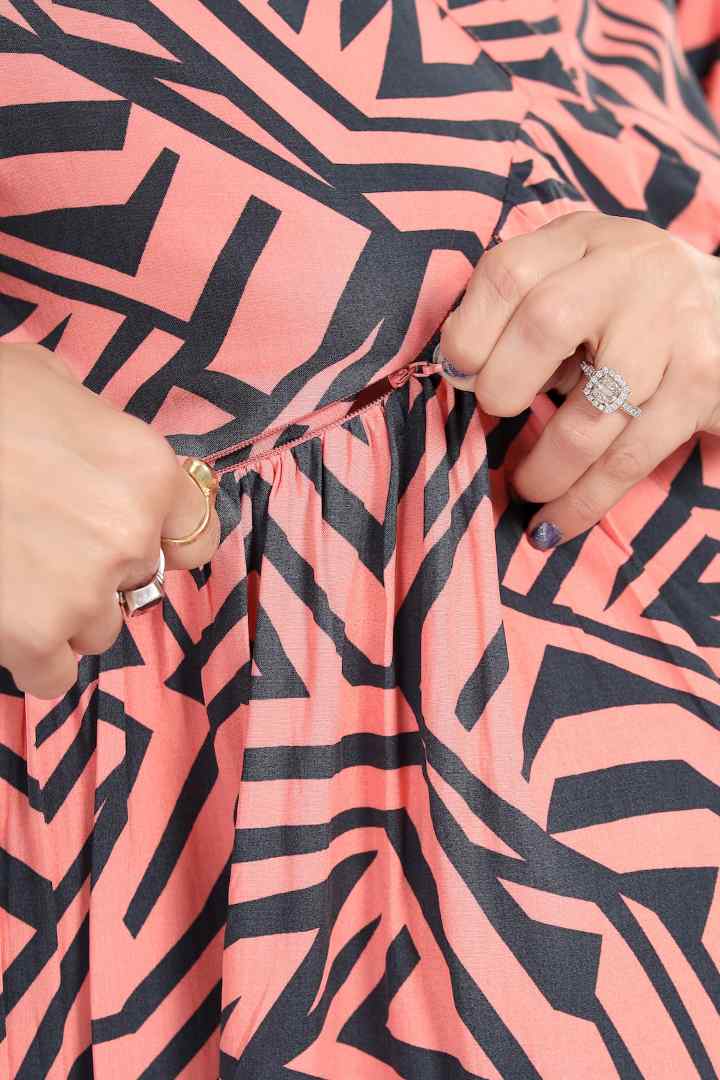 Salmon Pink Geometric Printed Maternity Dress