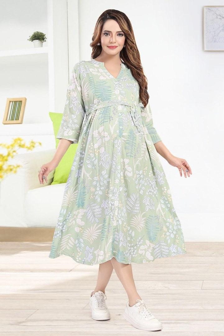 Dewy Mint Foliage Printed Maternity Dress