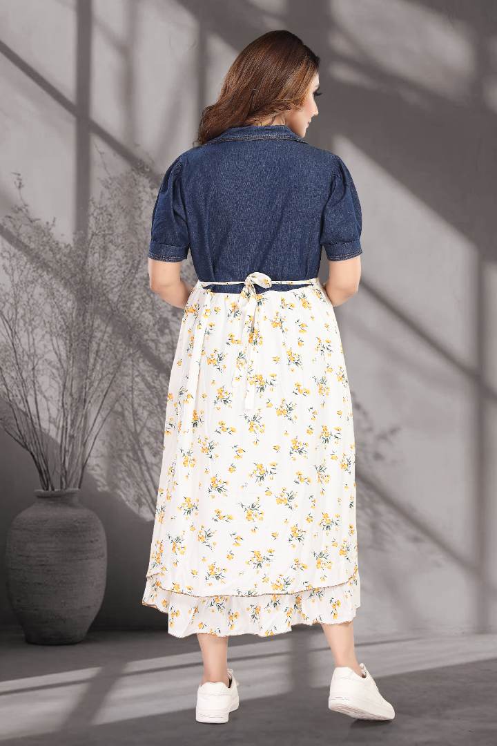 Half And Half Printed Denim Nursing Dress