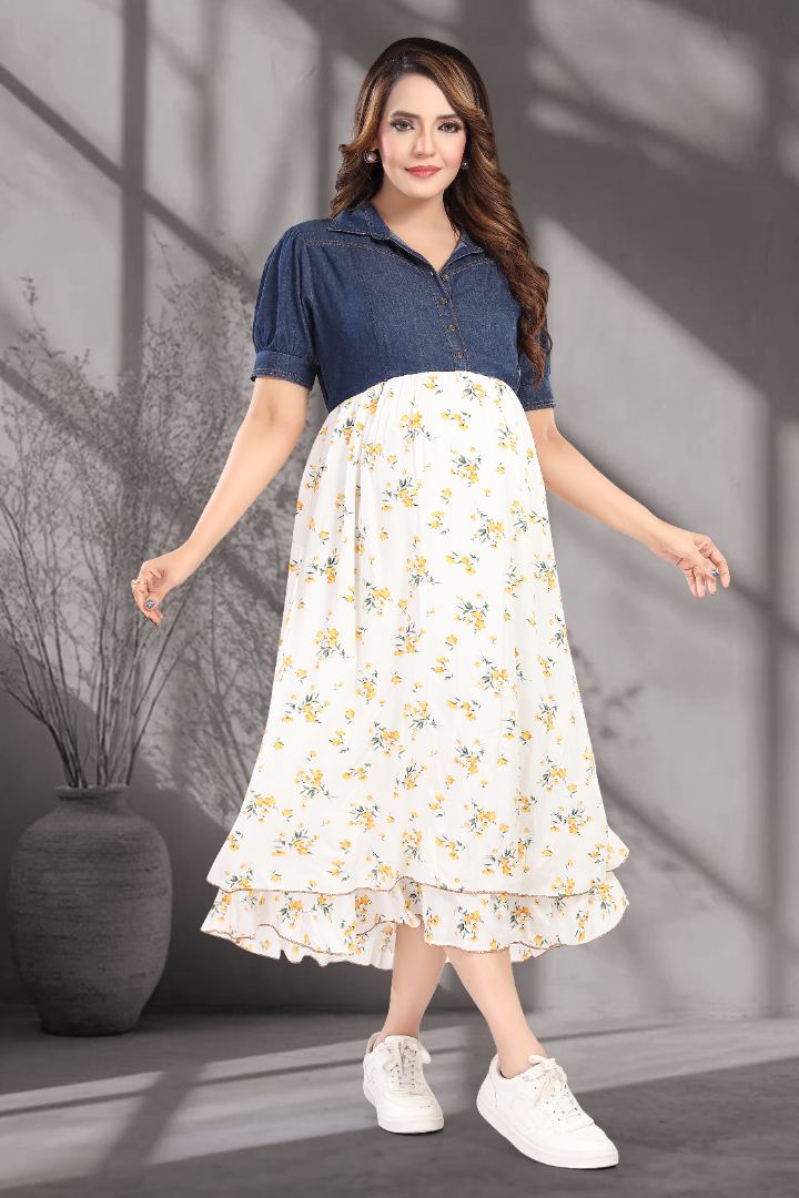 Half And Half Printed Denim Nursing Dress