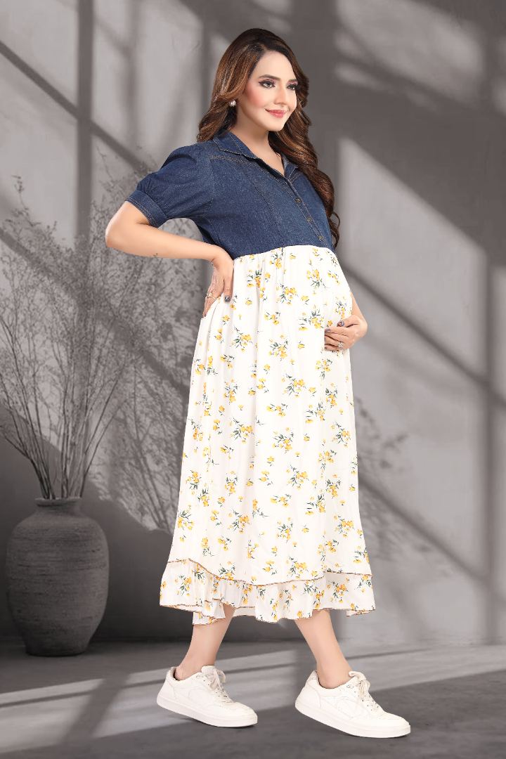 Half And Half Printed Denim Nursing Dress