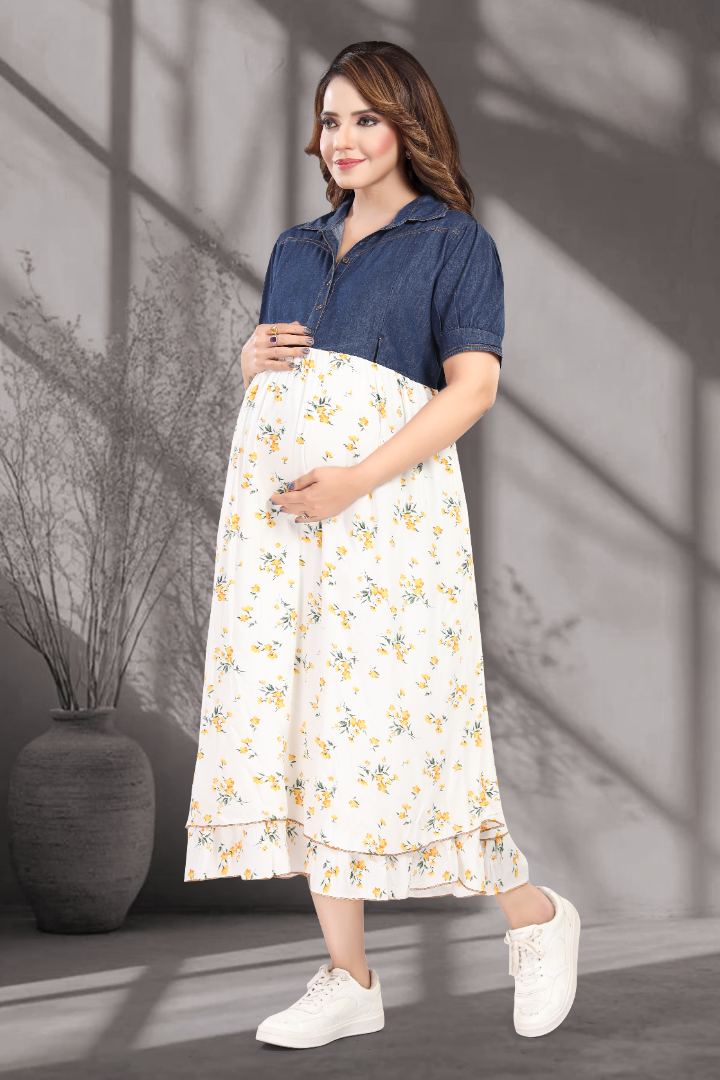 Half And Half Printed Denim Nursing Dress