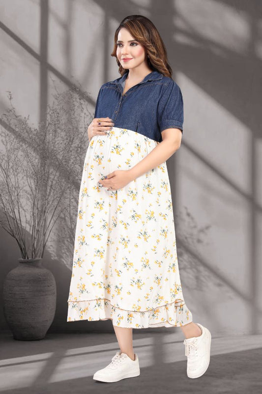 Half And Half Printed Denim Nursing Dress