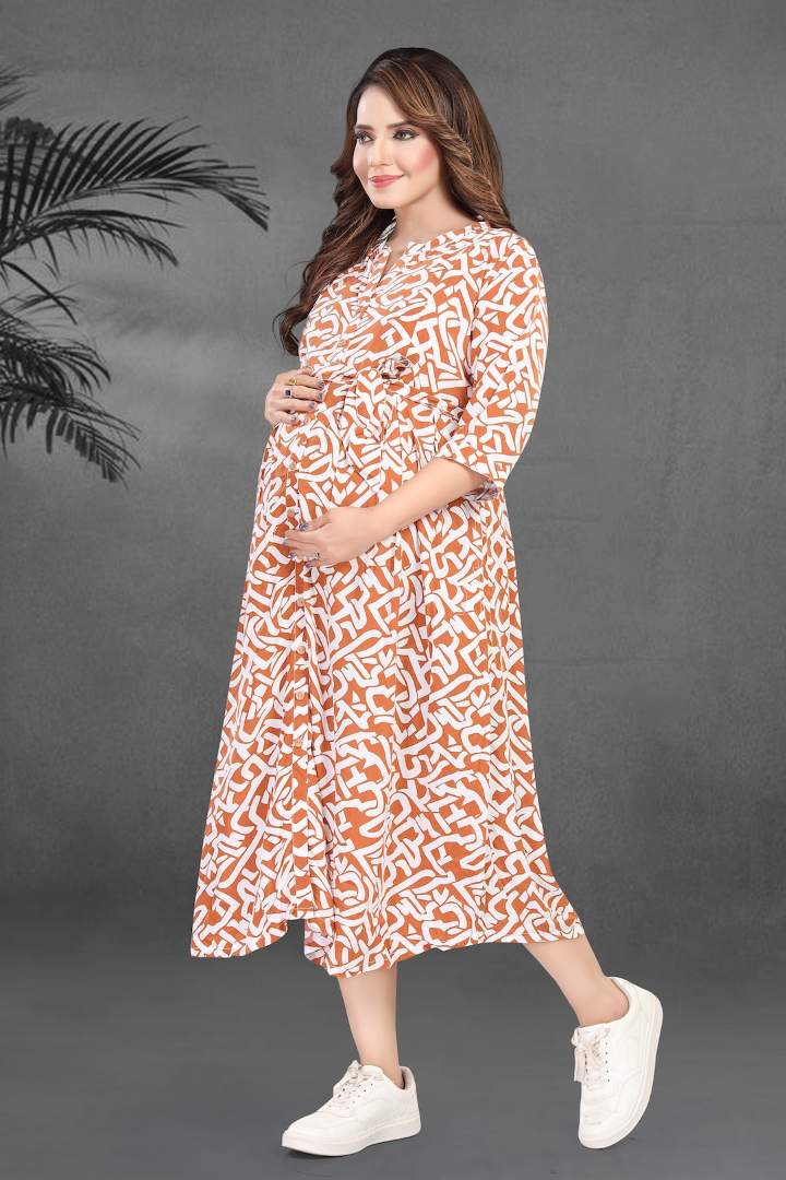 Ochre Yellow Printed Maternity Dress