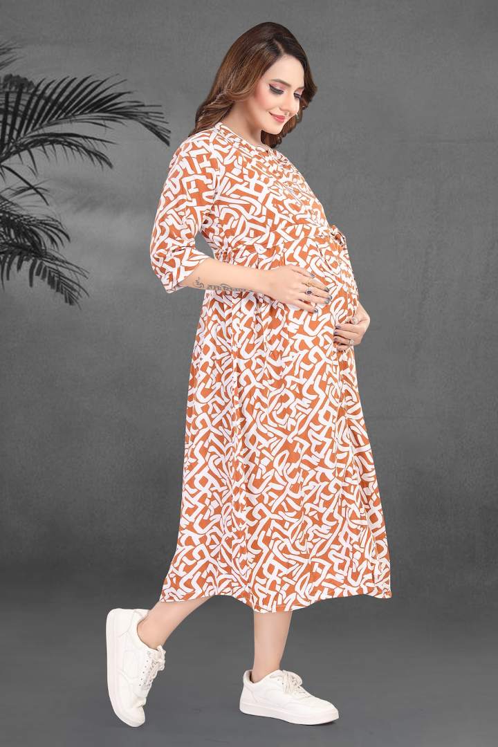 Ochre Yellow Printed Maternity Dress