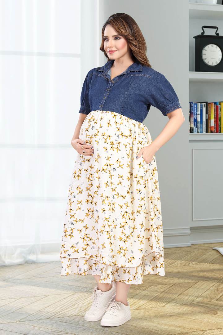 Half and Half Butterfly Denim Feeding Dress