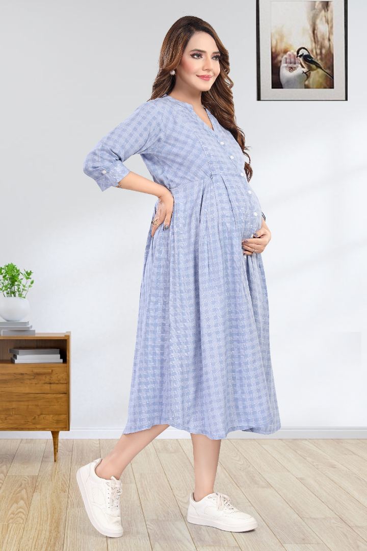 Steel Blue Chequered Feeding Dress