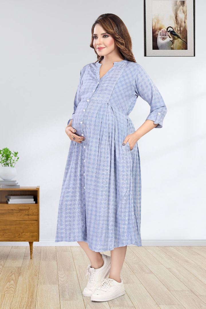 Steel Blue Chequered Feeding Dress