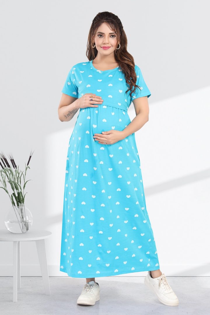 Blue Heart Print Feeding Nightie