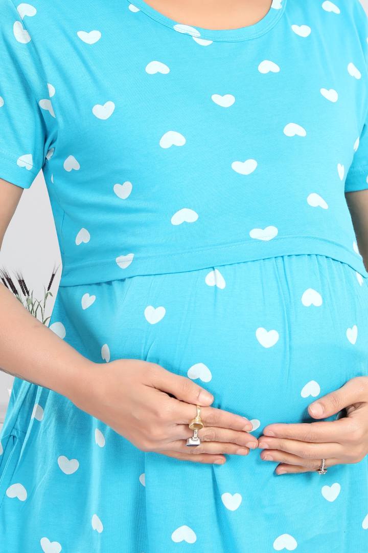 Blue Heart Print Feeding Nightie