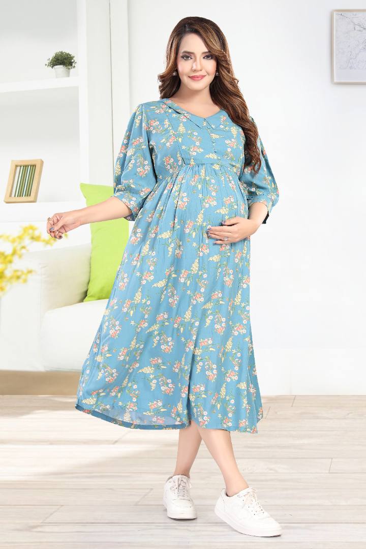 Greyish Blue Maternity Feeding Dress
