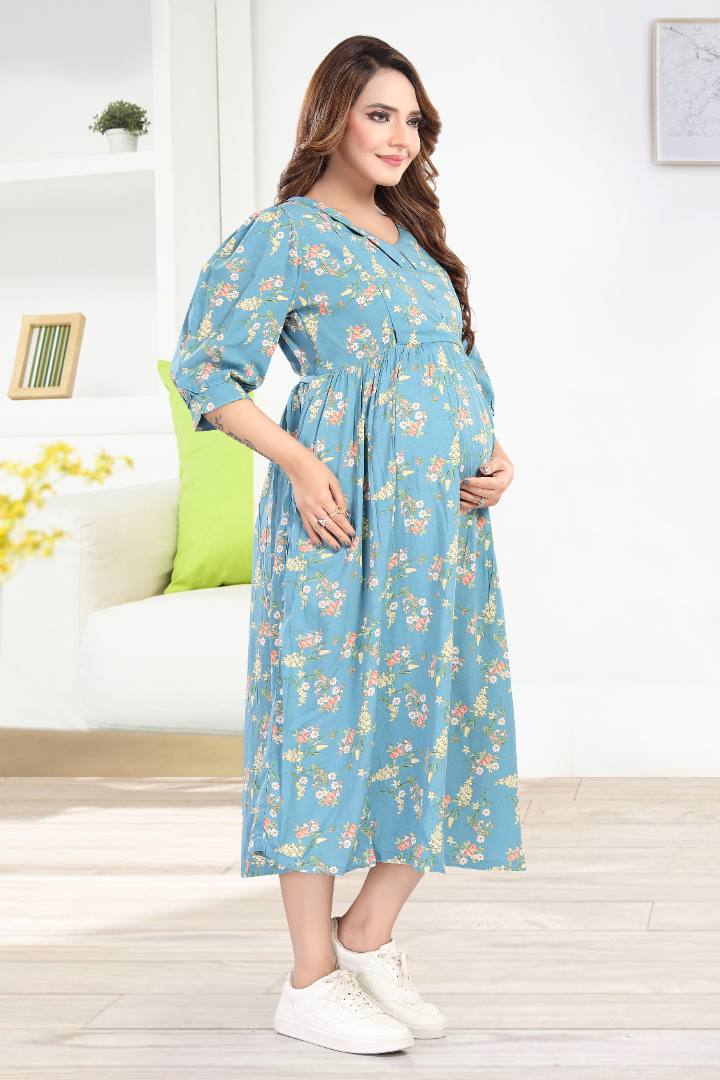 Greyish Blue Maternity Feeding Dress