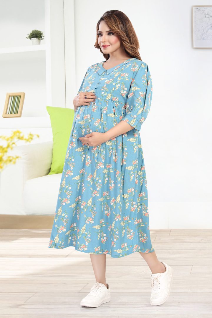 Greyish Blue Maternity Feeding Dress