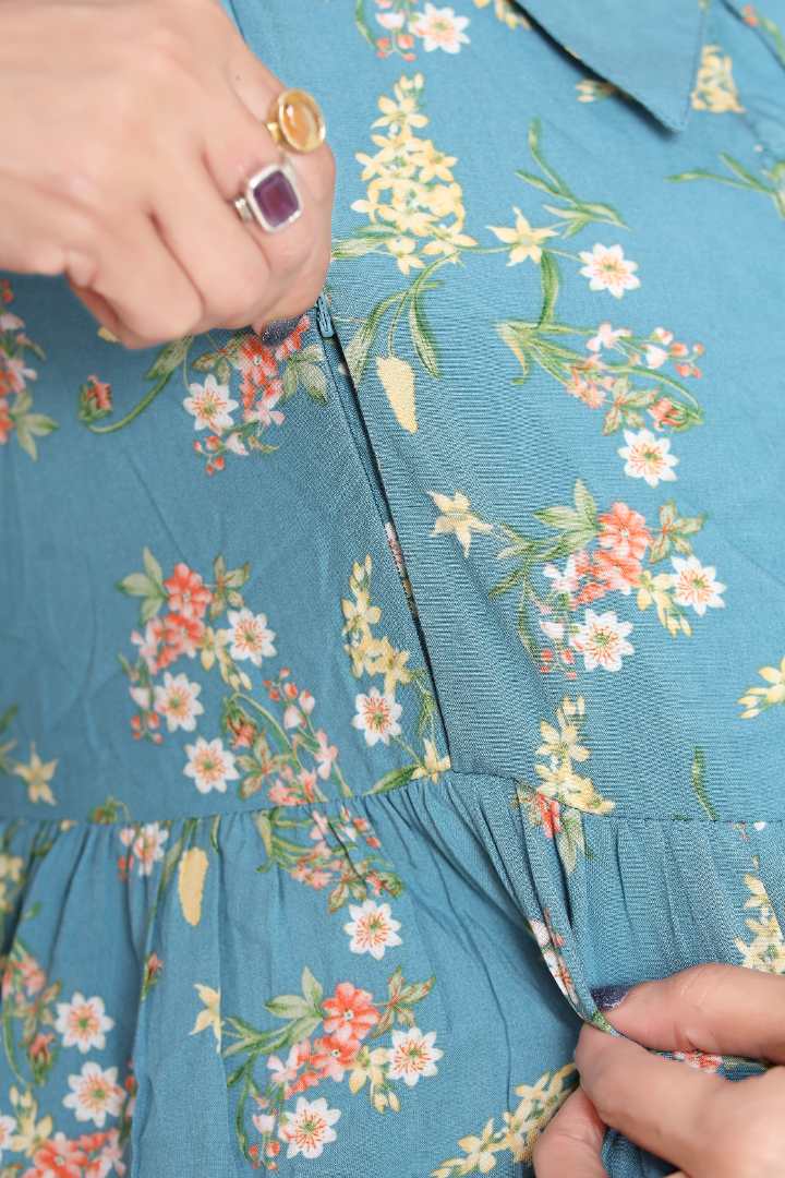 Greyish Blue Maternity Feeding Dress