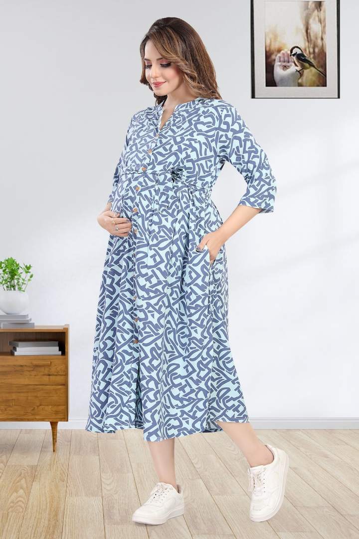 Original Blue Printed Maternity Dress