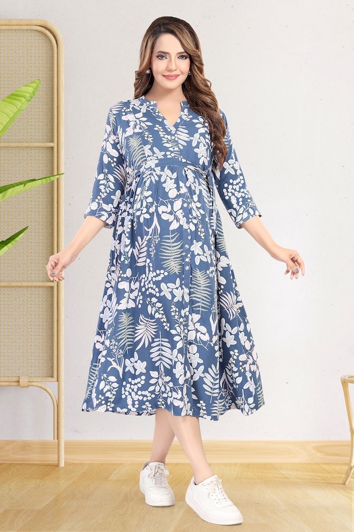 Blue Foliage Printed Maternity Dress