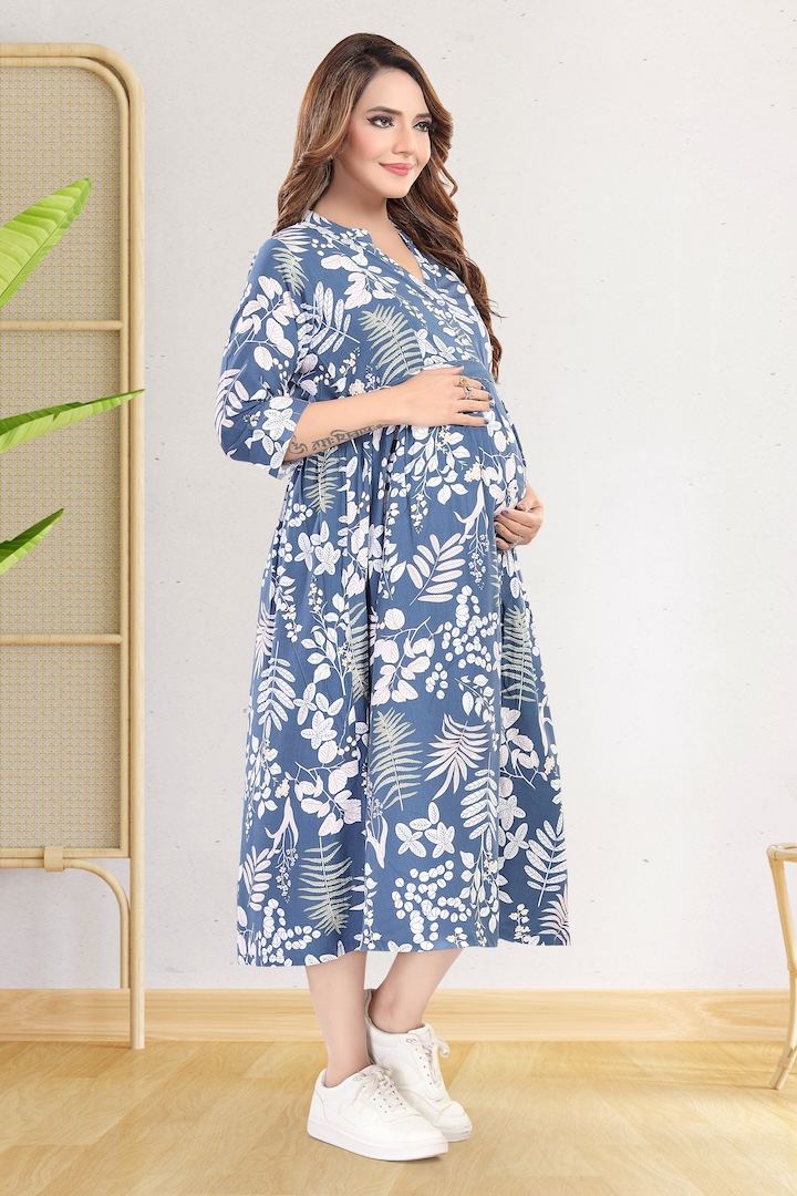 Blue Foliage Printed Maternity Dress