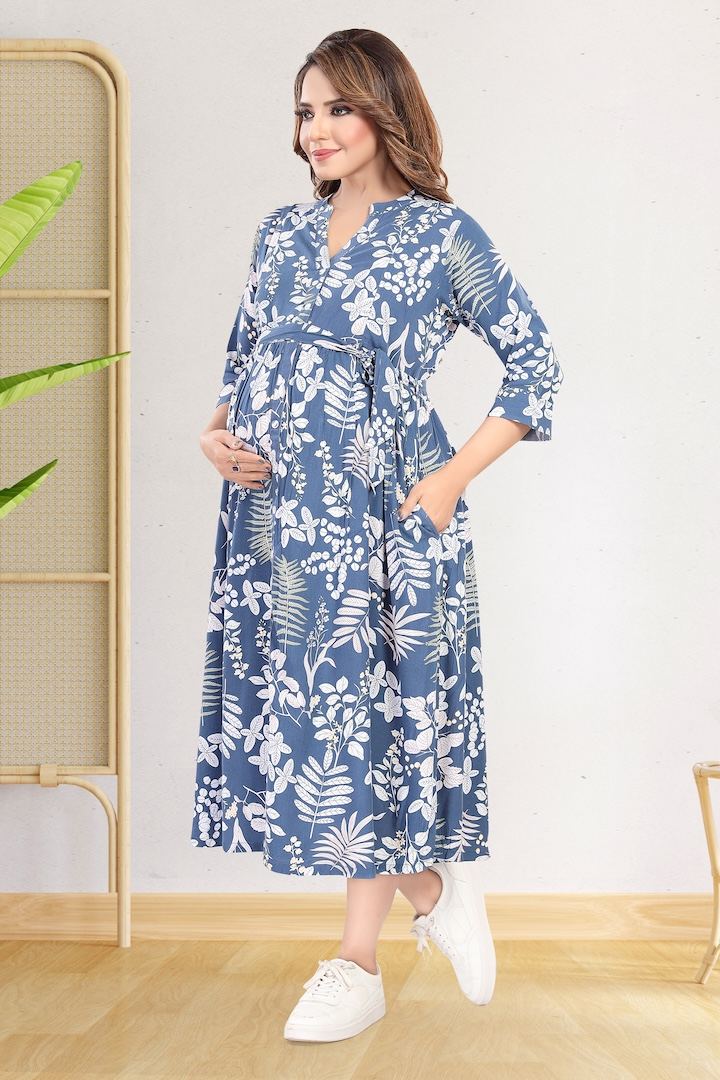 Blue Foliage Printed Maternity Dress