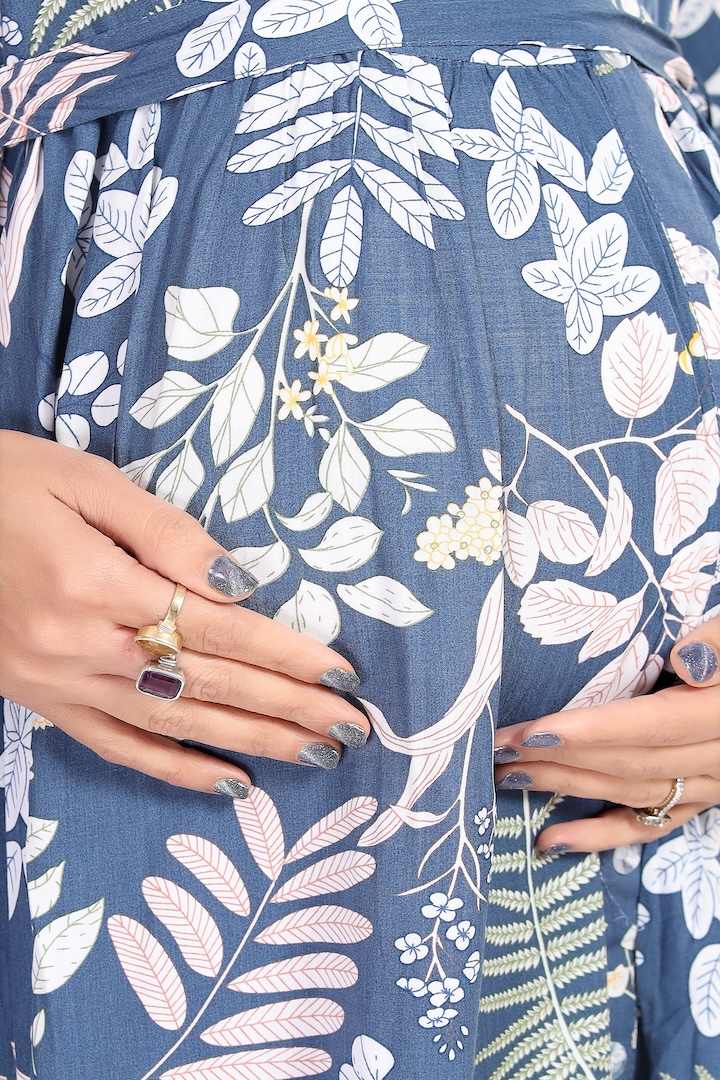 Blue Foliage Printed Maternity Dress