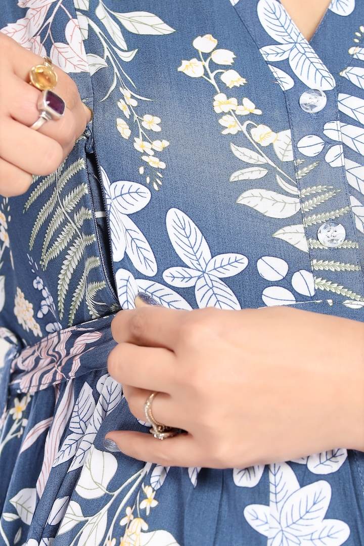 Blue Foliage Printed Maternity Dress