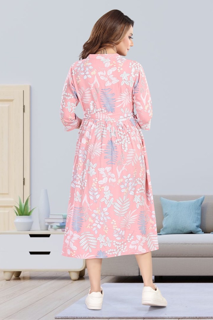 Icecream Pink Foliage Printed Maternity Dress
