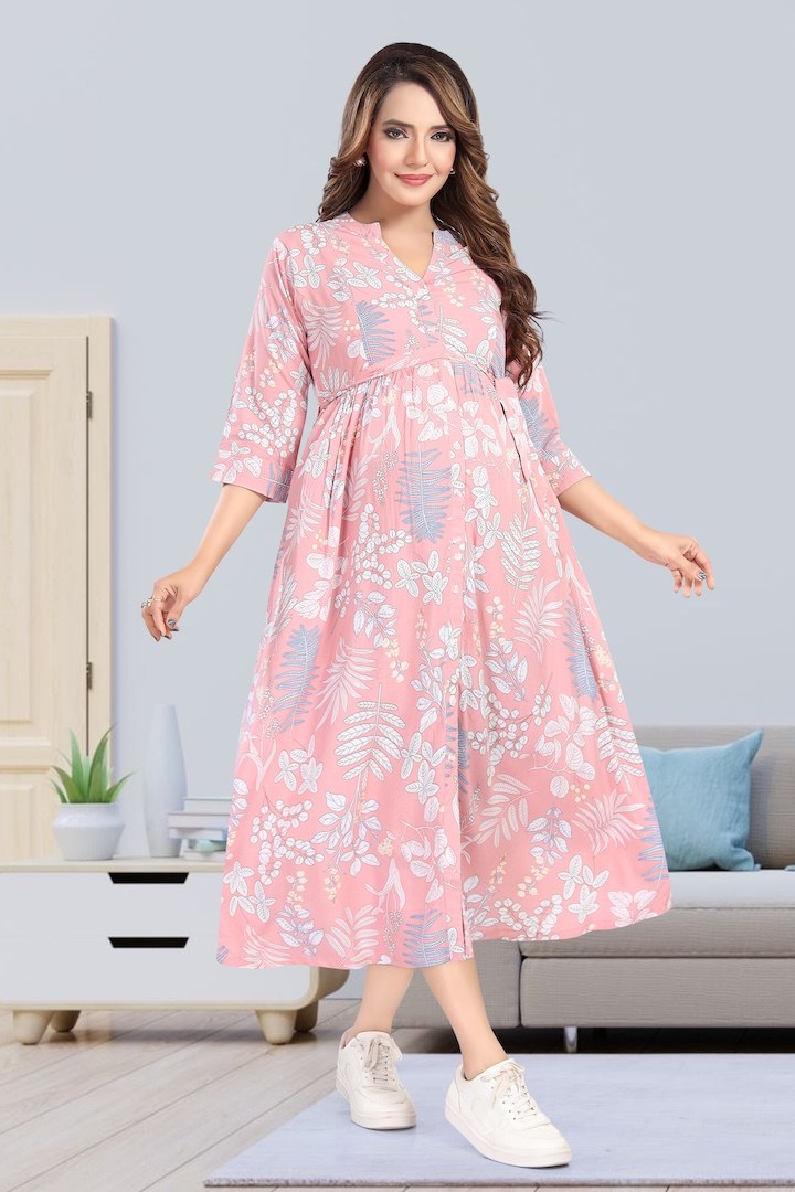 Icecream Pink Foliage Printed Maternity Dress