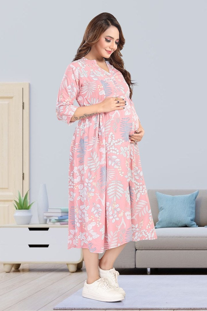 Icecream Pink Foliage Printed Maternity Dress