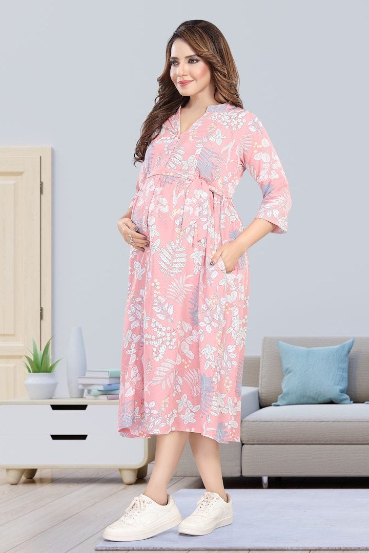 Icecream Pink Foliage Printed Maternity Dress