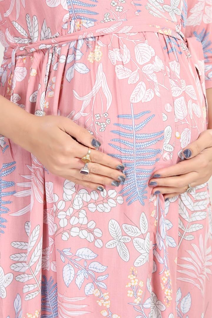 Icecream Pink Foliage Printed Maternity Dress