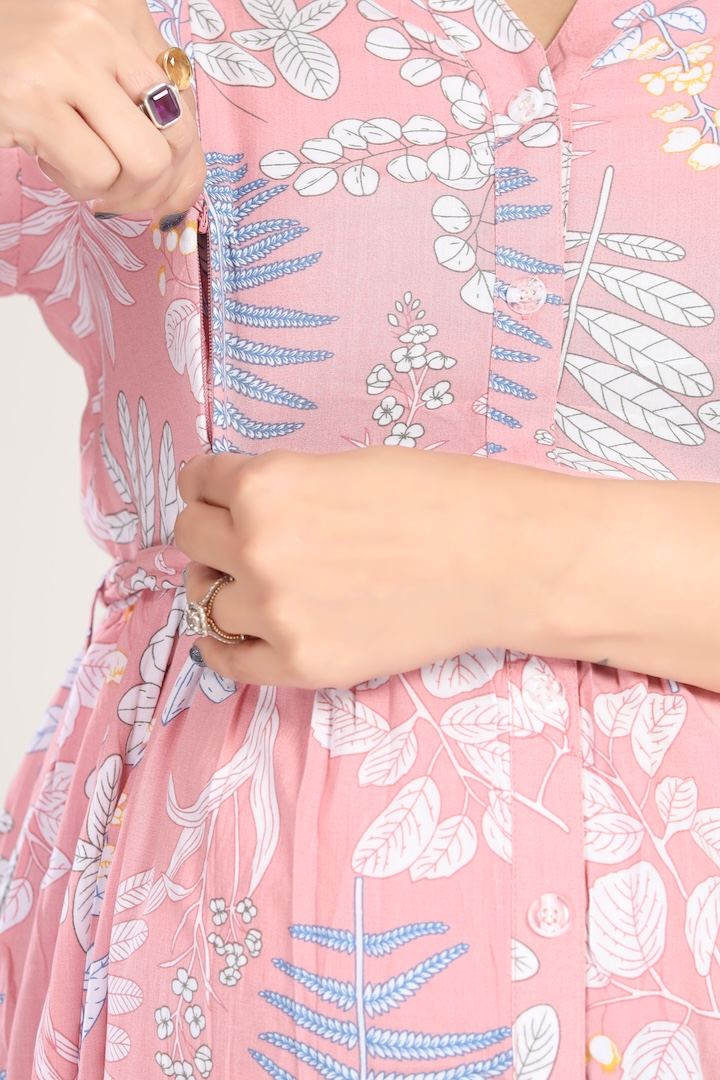 Icecream Pink Foliage Printed Maternity Dress