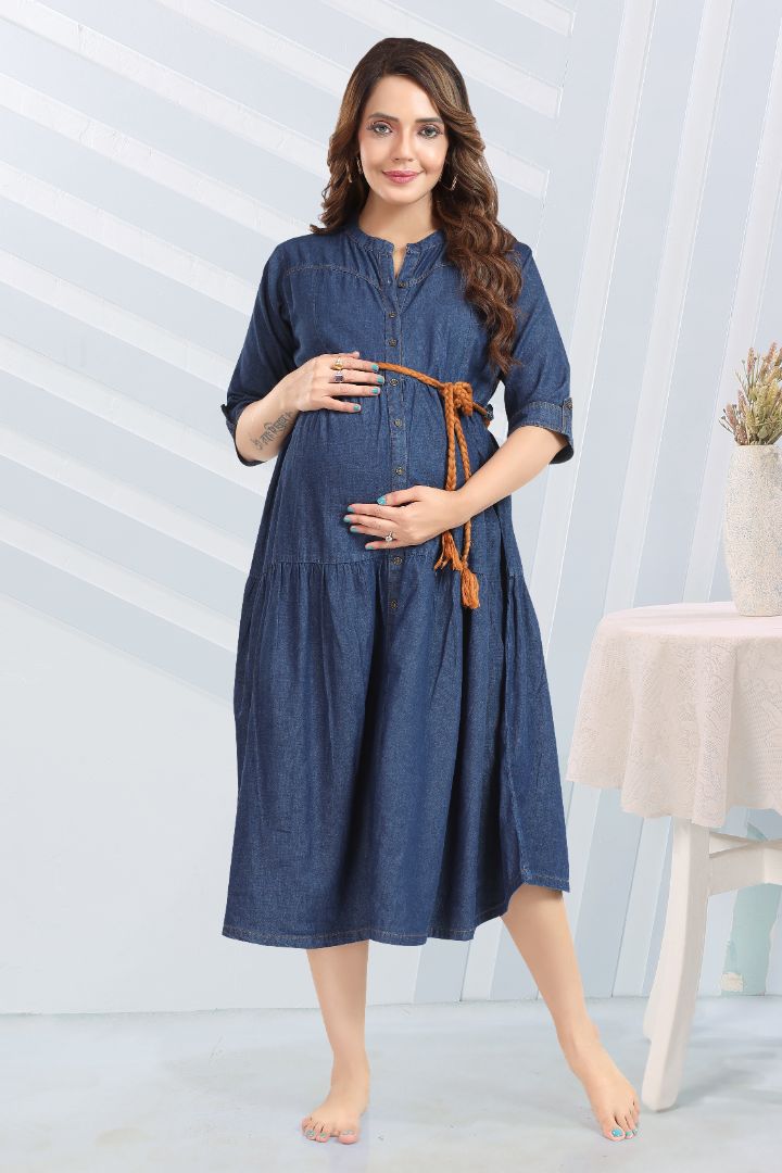 Dark Blue Midi Maternity Feeding Dress