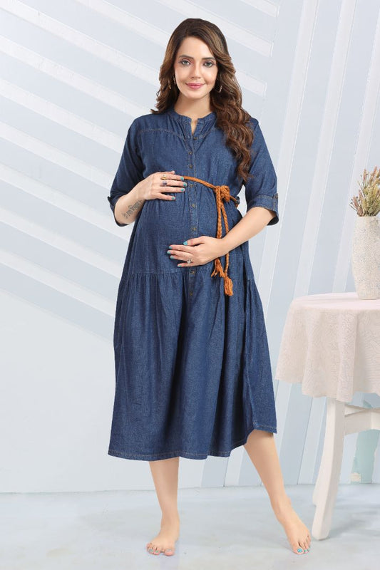 Dark Blue Midi Maternity Feeding Dress