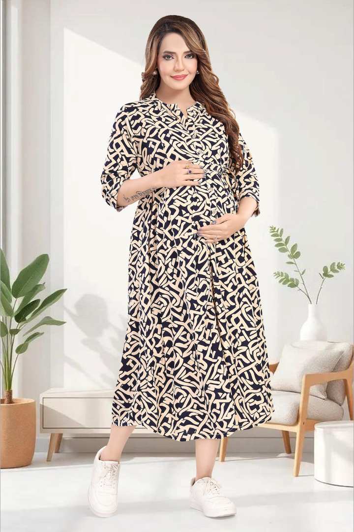 Beige Black Printed Maternity Dress