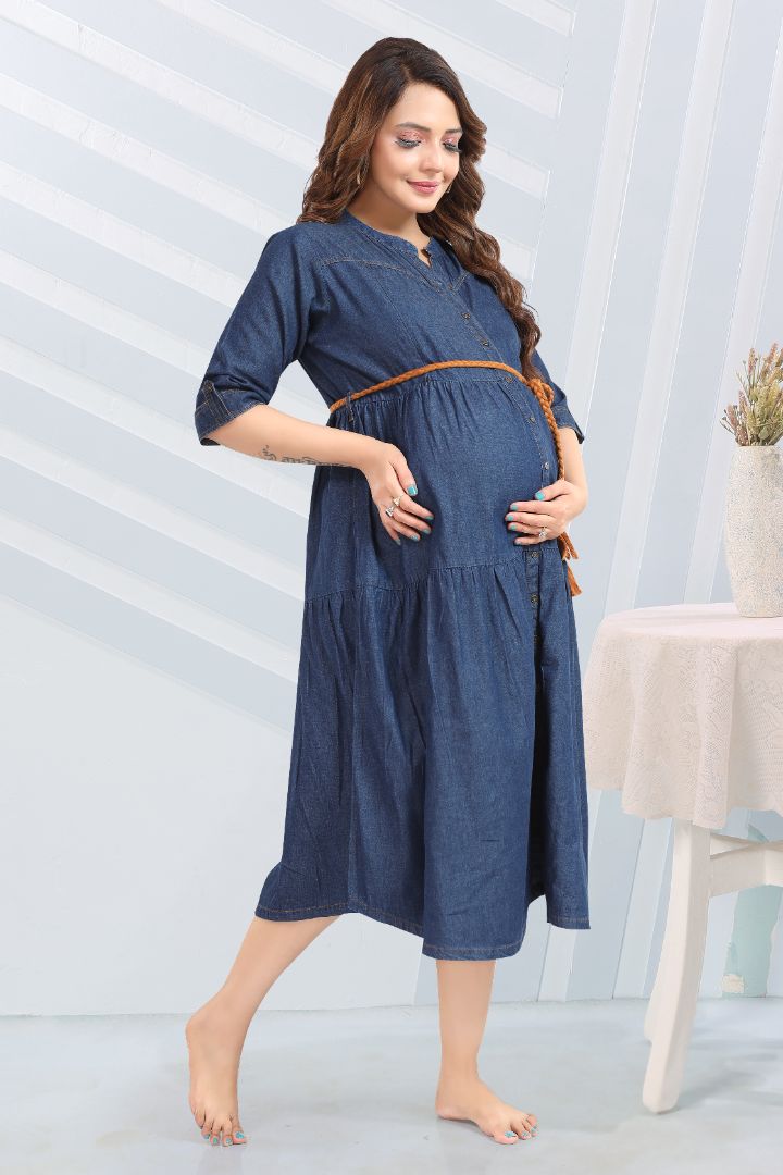 Dark Blue Midi Maternity Feeding Dress