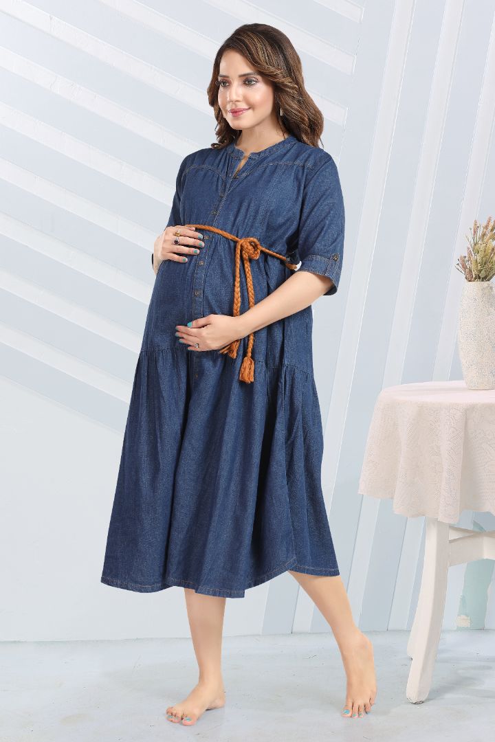 Dark Blue Midi Maternity Feeding Dress