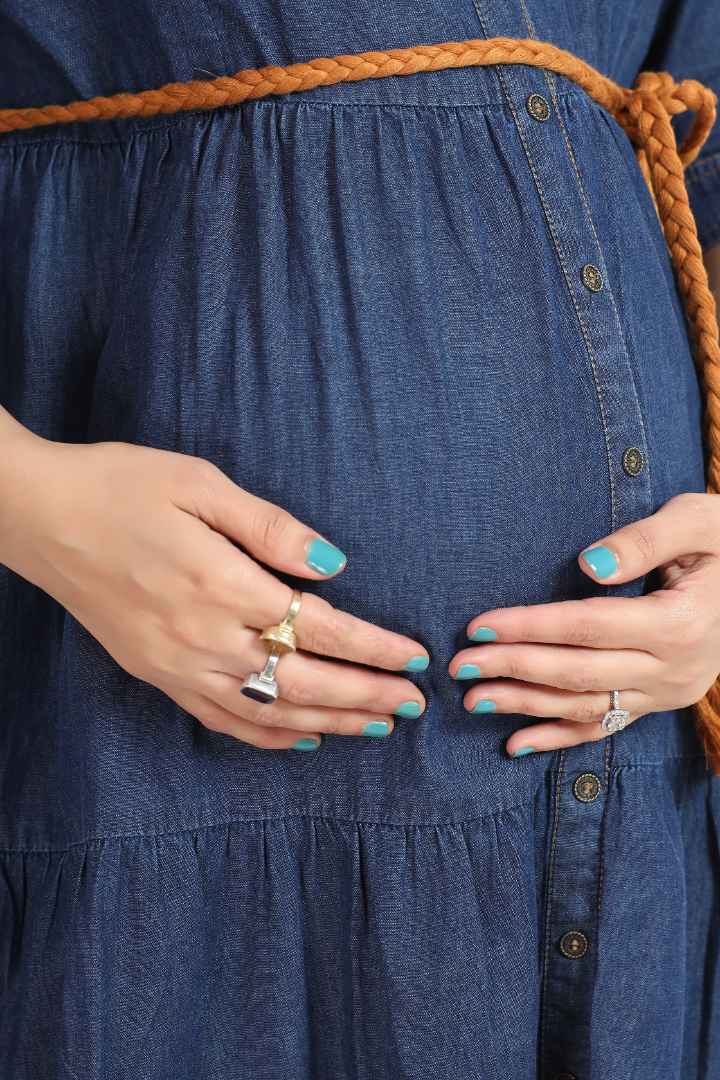 Dark Blue Midi Maternity Feeding Dress
