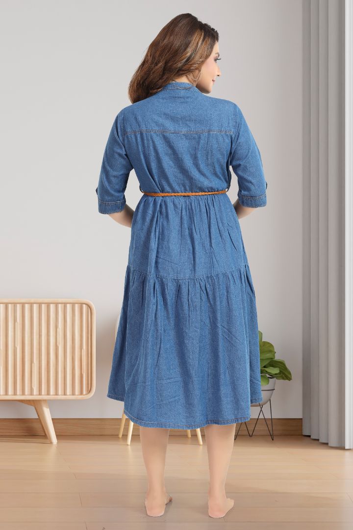 Mid Blue Denim Midi Maternity Dress