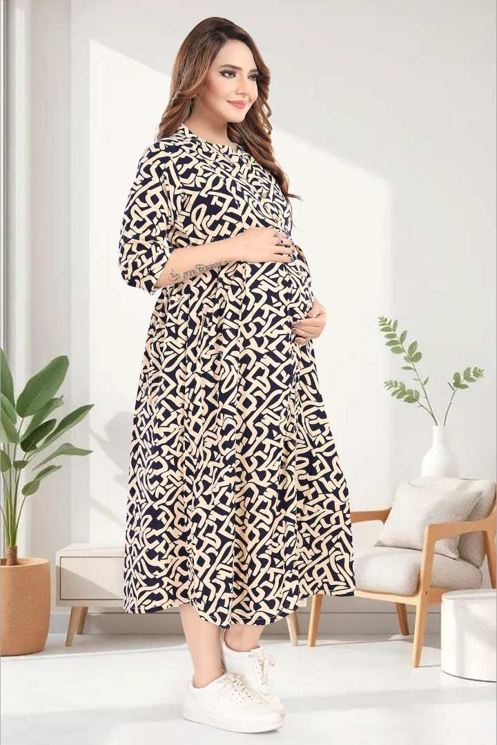 Beige Black Printed Maternity Dress